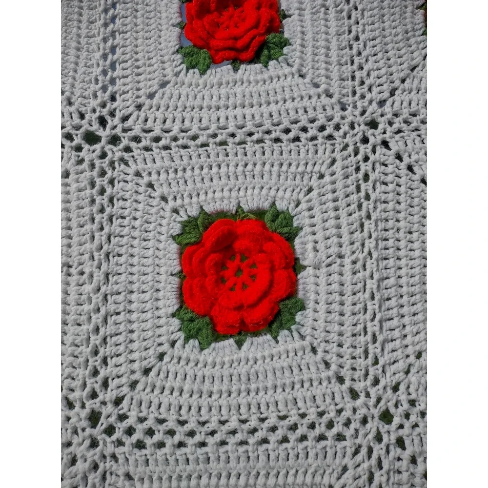 Handmade Crochet 3D Rose Granny Square Blanket 54x64 Afghan Throw
